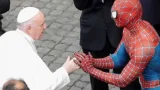 Pope Francis greets a person dressed as Spiderman, at the Vatican